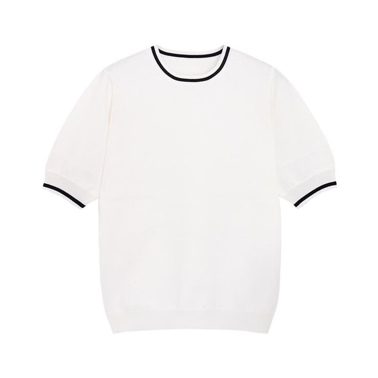 オフホワイト×ブラック | ライン配色パフニット ニット 半袖 | Pierrot