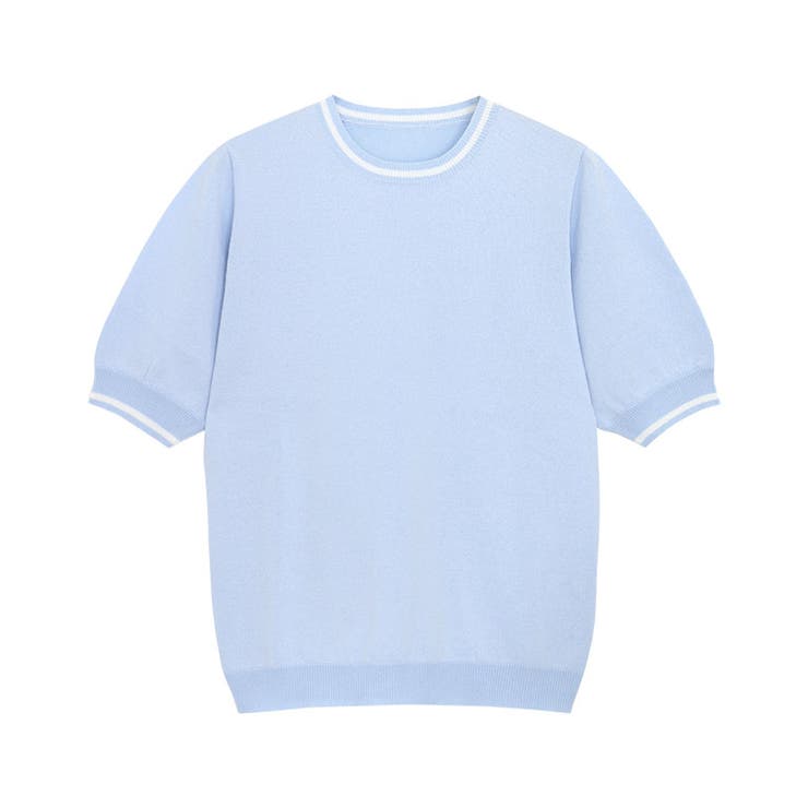 サックス×オフホワイト | ライン配色パフニット ニット 半袖 | Pierrot