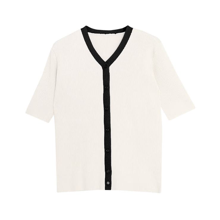 オフホワイト×ブラック | 配色リブニットカーデ カーディガン ニット | Pierrot