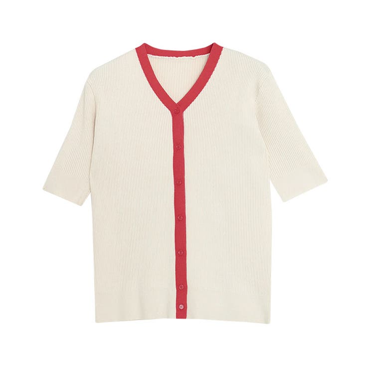 アイボリー×レッド | 配色リブニットカーデ カーディガン ニット | Pierrot