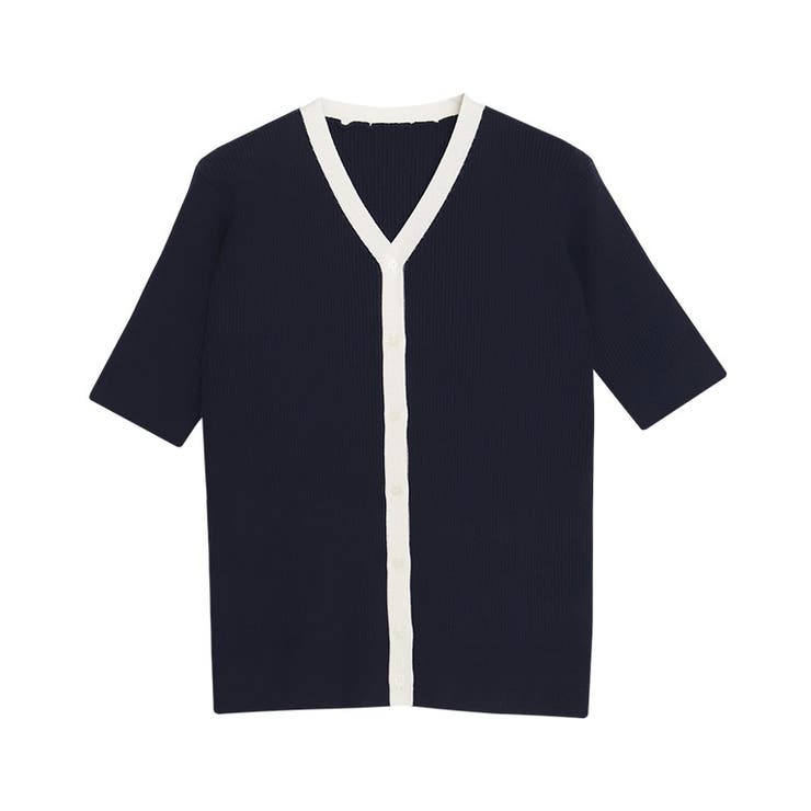 ネイビー×オフホワイト | 配色リブニットカーデ カーディガン ニット | Pierrot