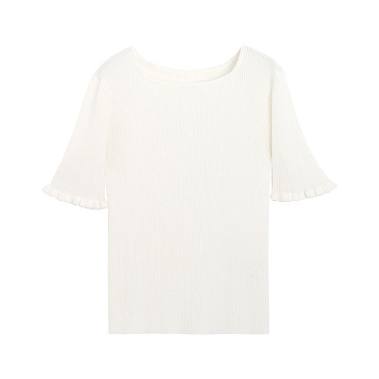 オフホワイト | リネンタッチ袖フリルリブニット ニット リブ | Pierrot