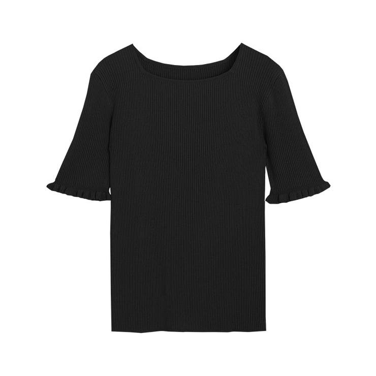 ブラック | リネンタッチ袖フリルリブニット ニット リブ | Pierrot