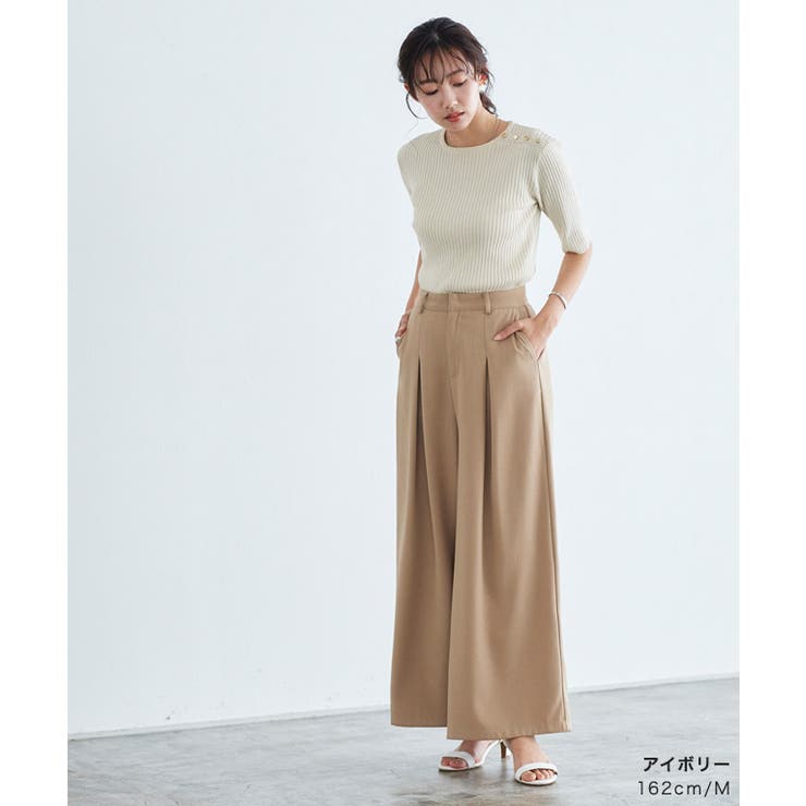 リネンタッチ肩ボタンニット ニット 5分丈[品番：PRTW0004295