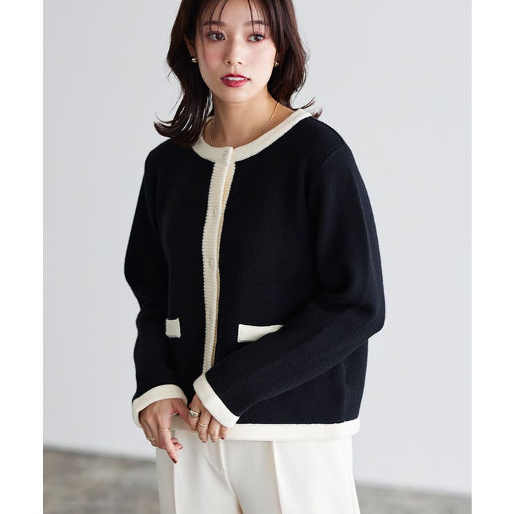 ブラック×オフホワイト | 配色ニットジャケット ニット ジャケット | Pierrot