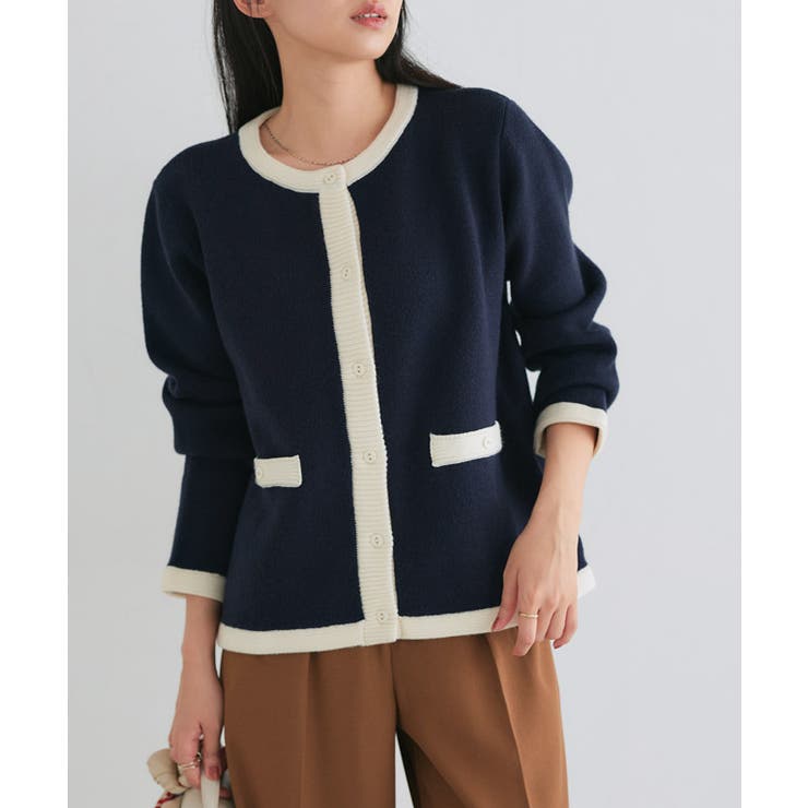 ネイビー×オフホワイト | 配色ニットジャケット ニット ジャケット | Pierrot