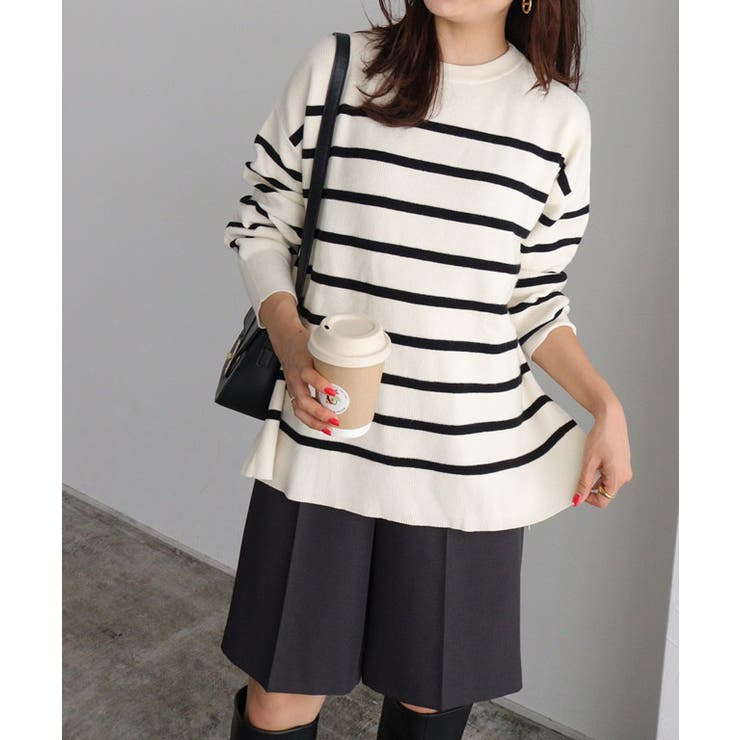 アイボリー×ブラック | [吸湿発熱] 選べるネックサイドスリットニット ニット | Pierrot