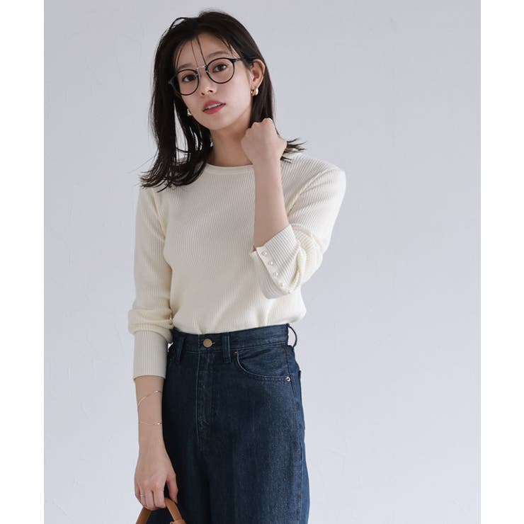 A/アイボリー | 選べるデザイン袖ボタンリブニット ニット パール | Pierrot