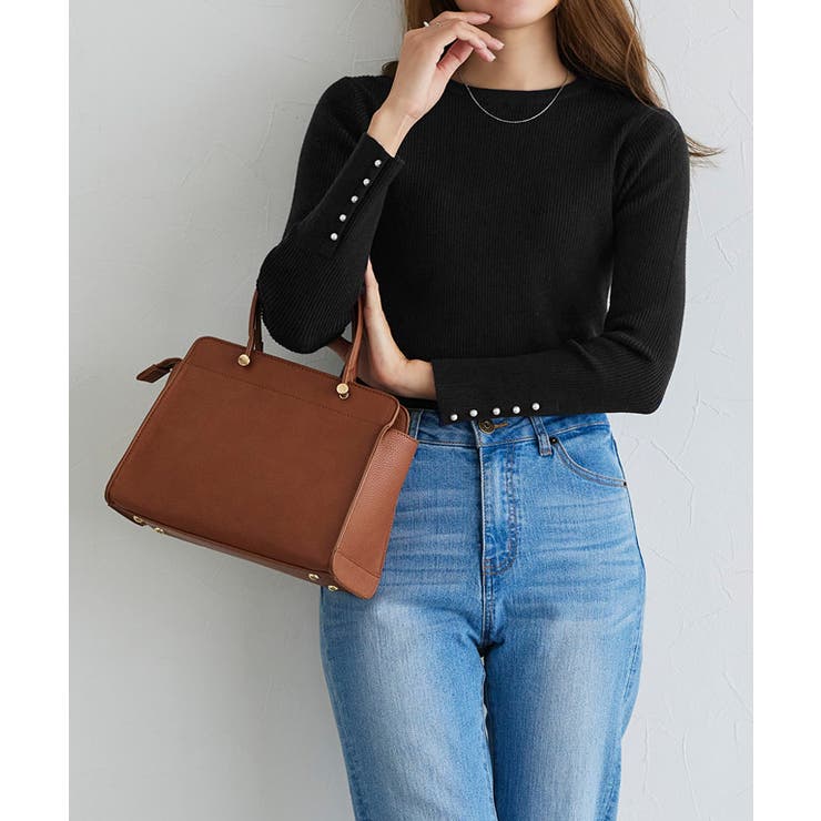 A/ブラック | 選べるデザイン袖ボタンリブニット ニット パール | Pierrot