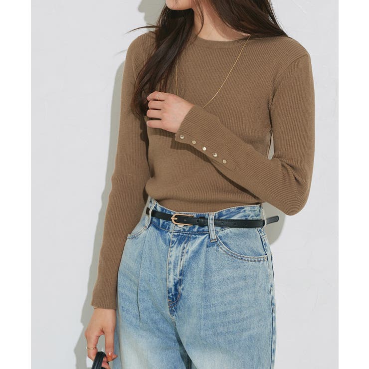 B/キャメル | 選べるデザイン袖ボタンリブニット ニット パール | Pierrot