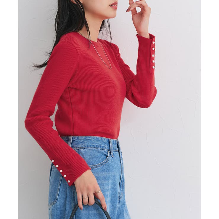 A/レッド | 選べるデザイン袖ボタンリブニット ニット パール | Pierrot