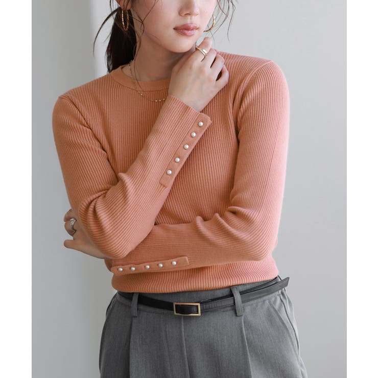 A/オレンジ | 選べるデザイン袖ボタンリブニット ニット パール | Pierrot