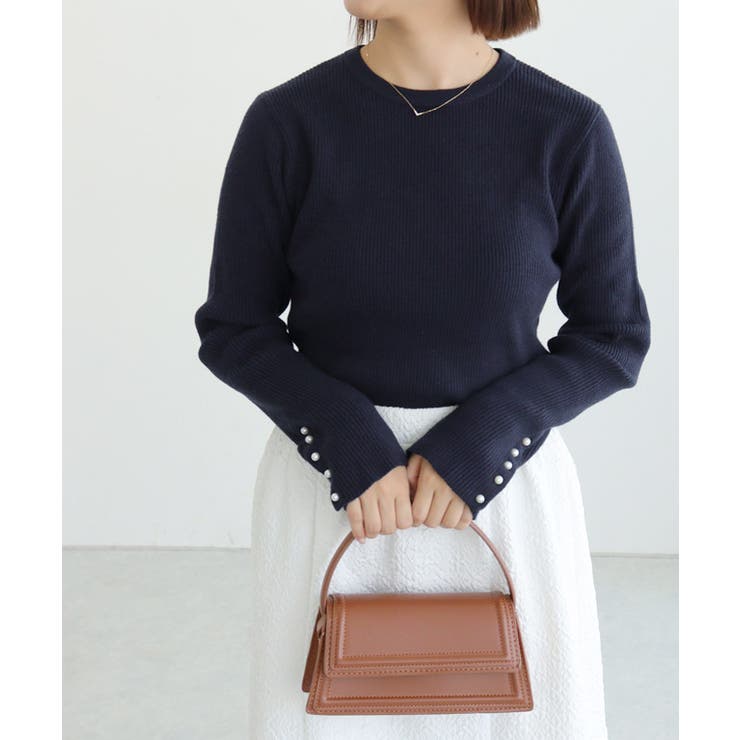 A/ネイビー | 選べるデザイン袖ボタンリブニット ニット パール | Pierrot