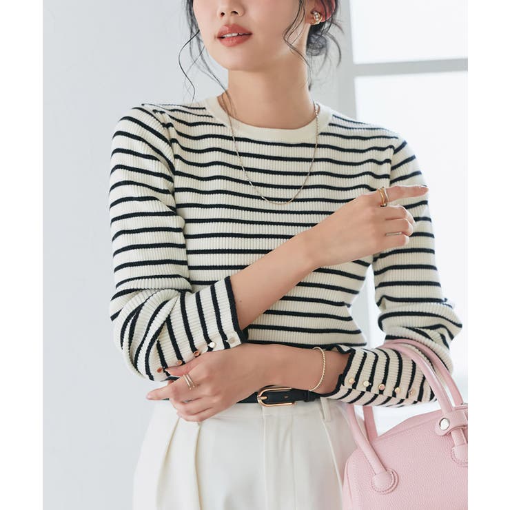 B/アイボリー×ブラック | 選べるデザイン袖ボタンリブニット ニット パール | Pierrot