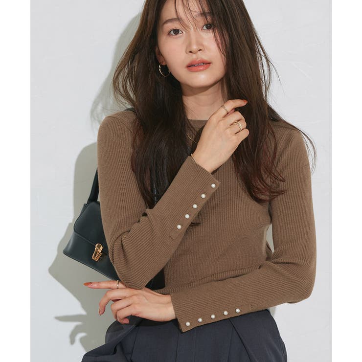 ルネ / フリル襟 リブニット 長袖 ピンク 34 パールボタン 通勤 セーター ルネ / フリル襟 リブニット 長袖 ピンク 34 パールボタン 通勤