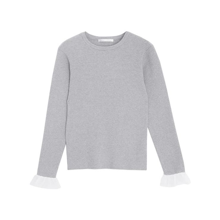 シアーフリル袖/杢グレー | 選べる袖デザインリブニット ニット 細リブ | Pierrot