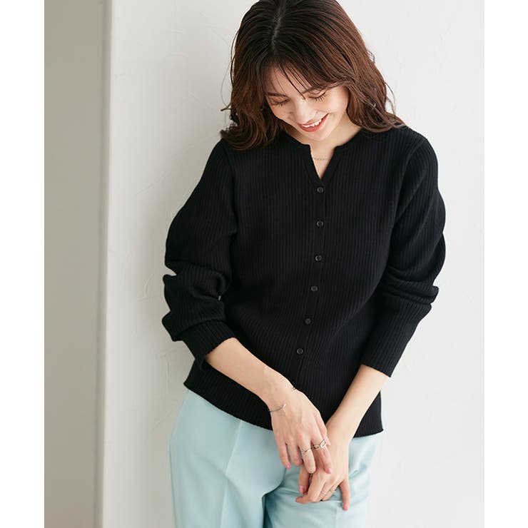 ブラック | キーネックリブニットカーディガン カーディガン ニット | Pierrot