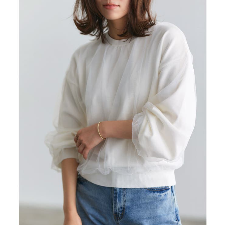 オフホワイト | チュールレイヤードニット ニット レーヨン混 | Pierrot