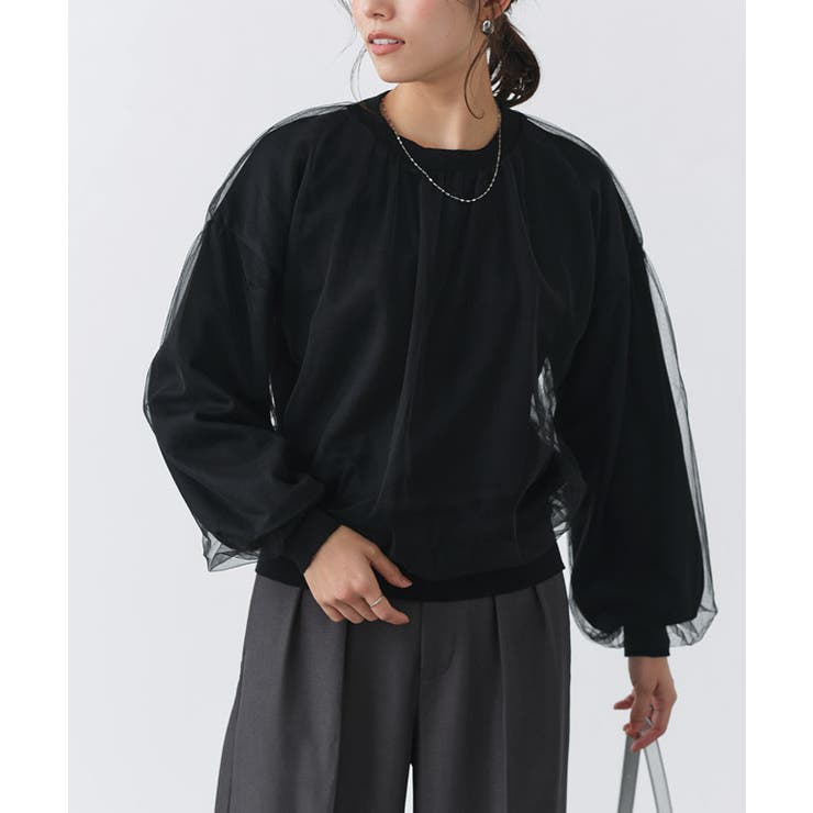 ブラック | チュールレイヤードニット ニット レーヨン混 | Pierrot