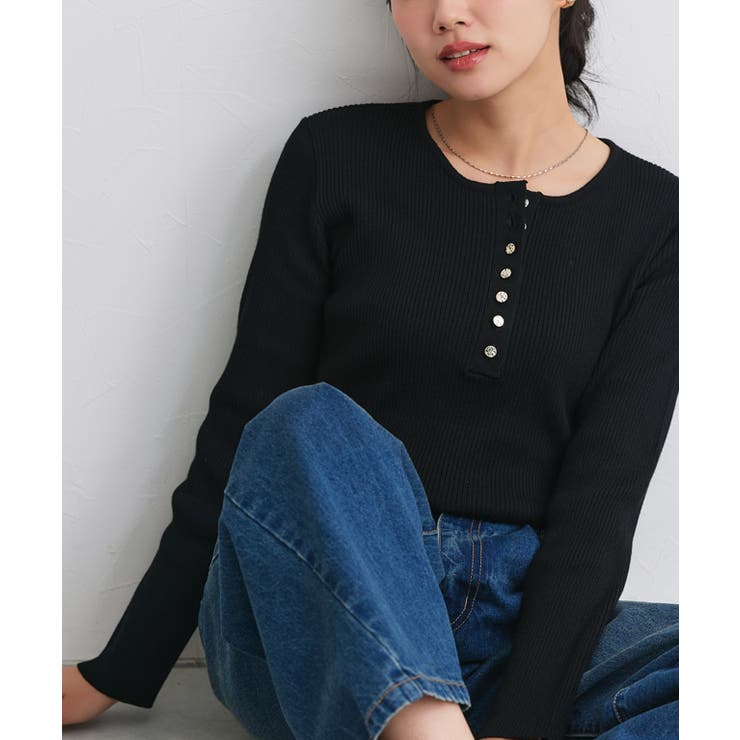 ブラック | 多機能ゴールドボタンヘンリーネックニット 抗菌 UVカット | Pierrot