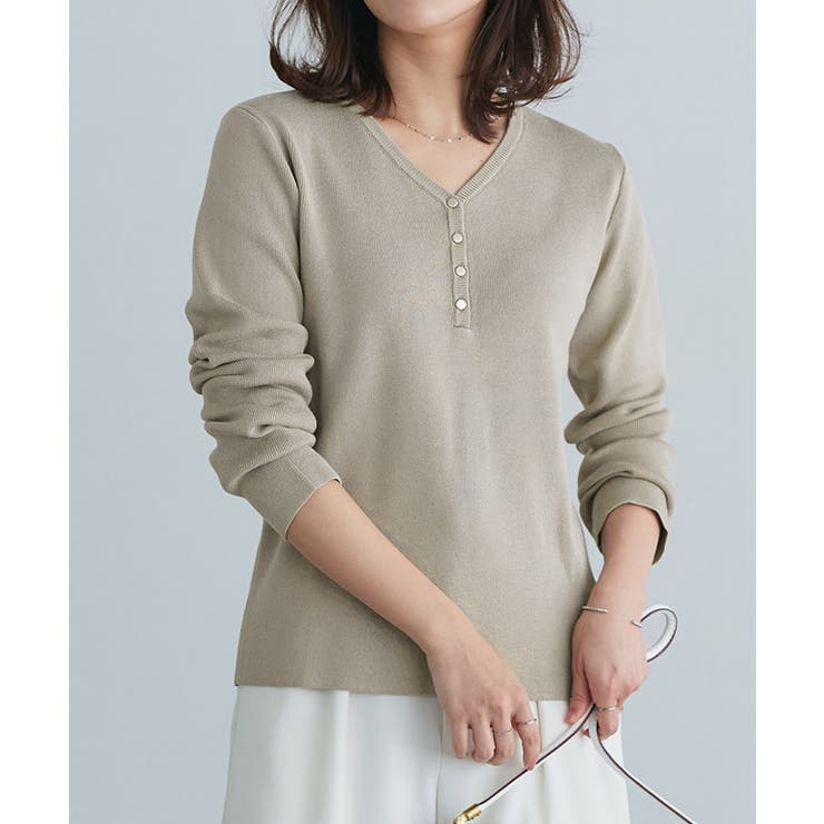 グレージュ | 多機能ヘンリーVネックニットプルオーバー ニット Vネック | Pierrot