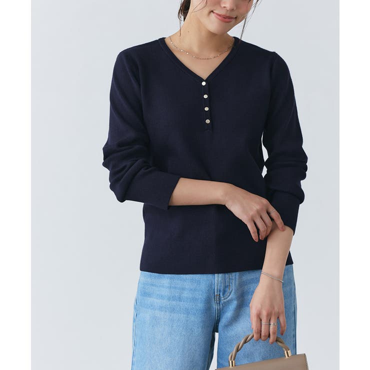 ネイビー | 多機能ヘンリーVネックニットプルオーバー ニット Vネック | Pierrot