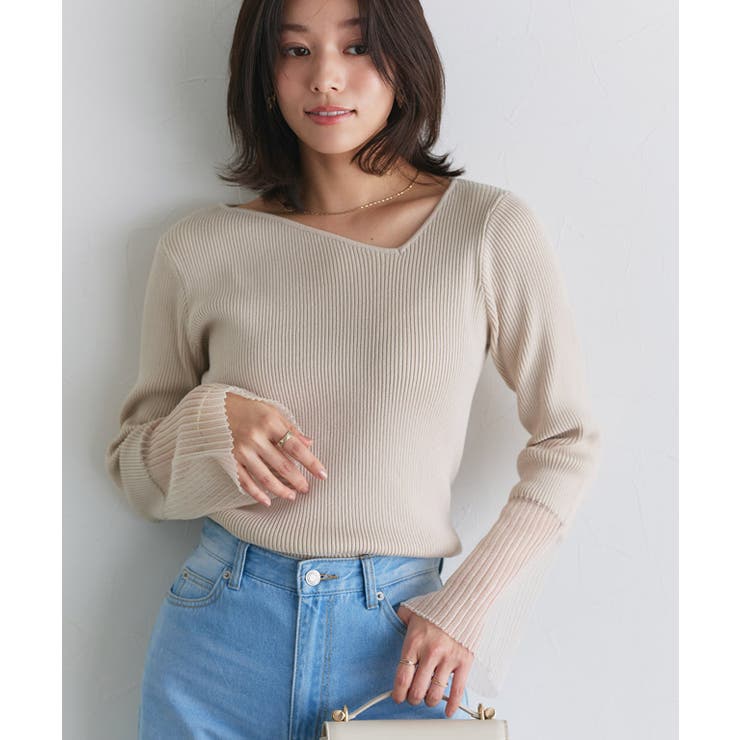 スモークホワイト | 袖シアー切り替えアシメネックリブニット ニット リブ | Pierrot