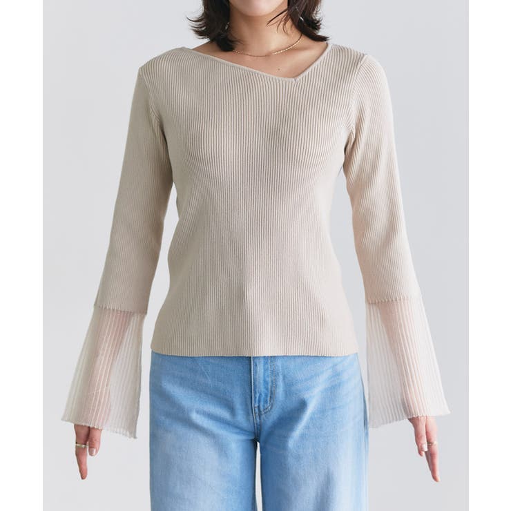 袖シアー切り替えアシメネックリブニット ニット リブ | Pierrot | 詳細画像7 