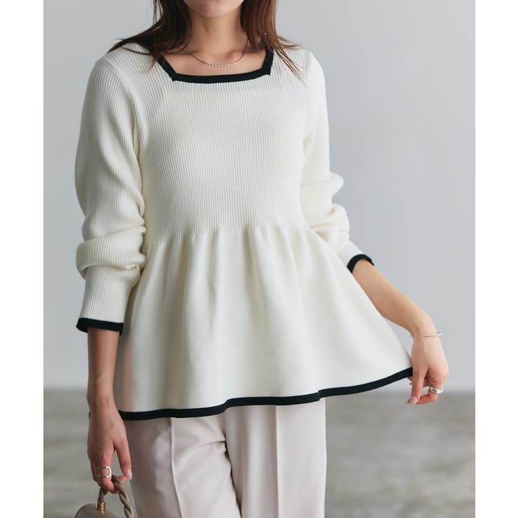 オフホワイト×ブラック | 配色ペプラムニット ニット ペプラム | Pierrot