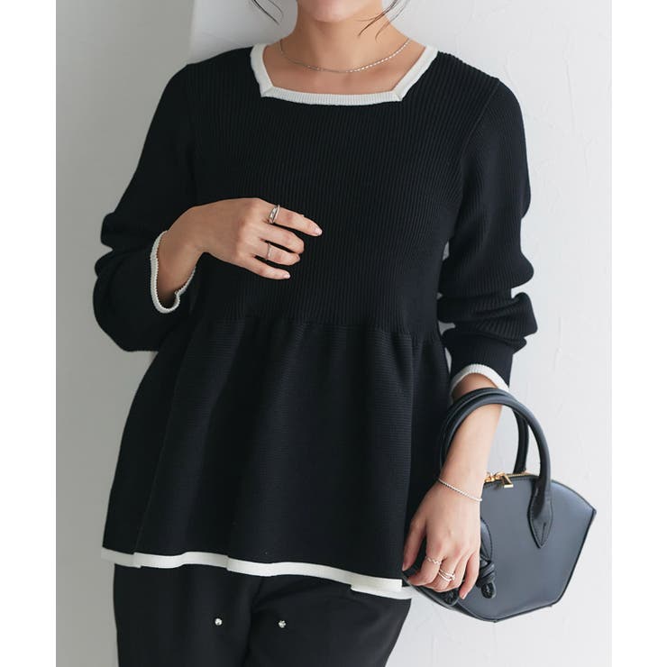 ブラック×オフホワイト | 配色ペプラムニット ニット ペプラム | Pierrot