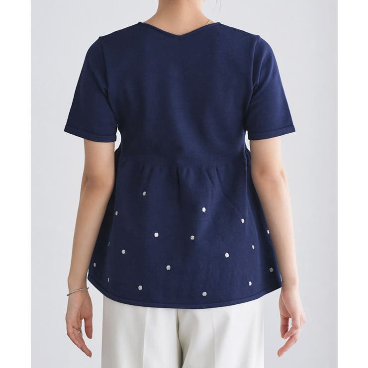 ドットラメ刺繍ペプラムニット
