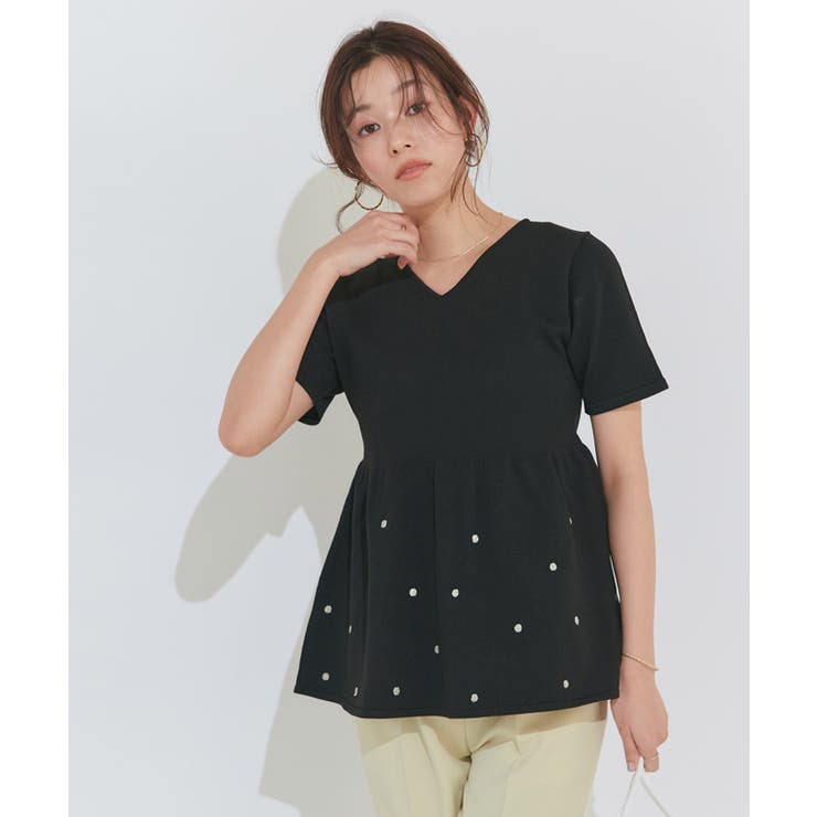 ドットラメ刺繍ペプラムニット