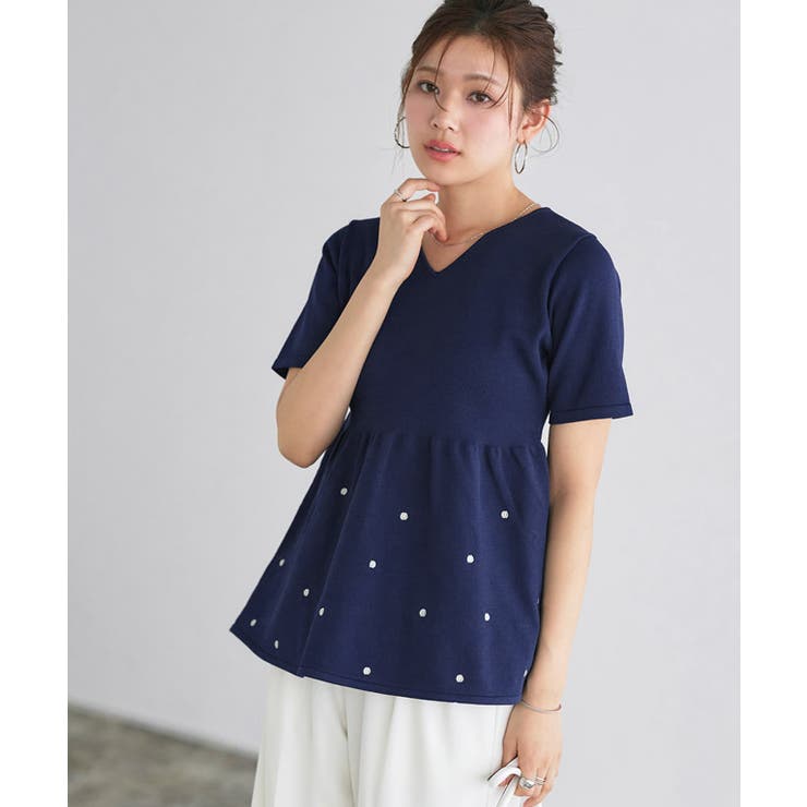 ドットラメ刺繍ペプラムニット