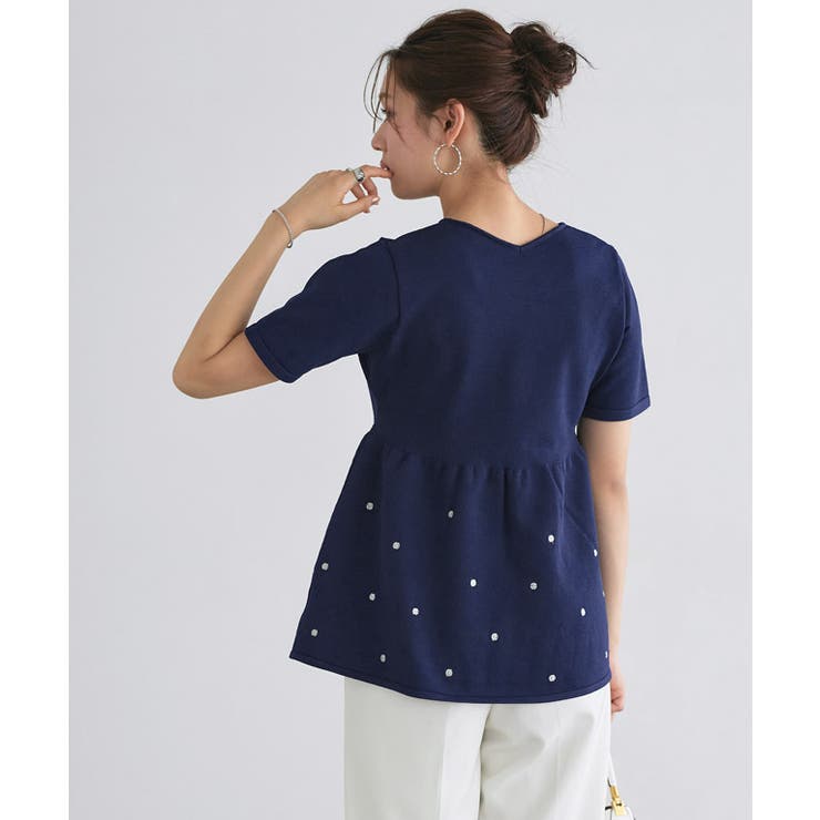 ドットラメ刺繍ペプラムニット