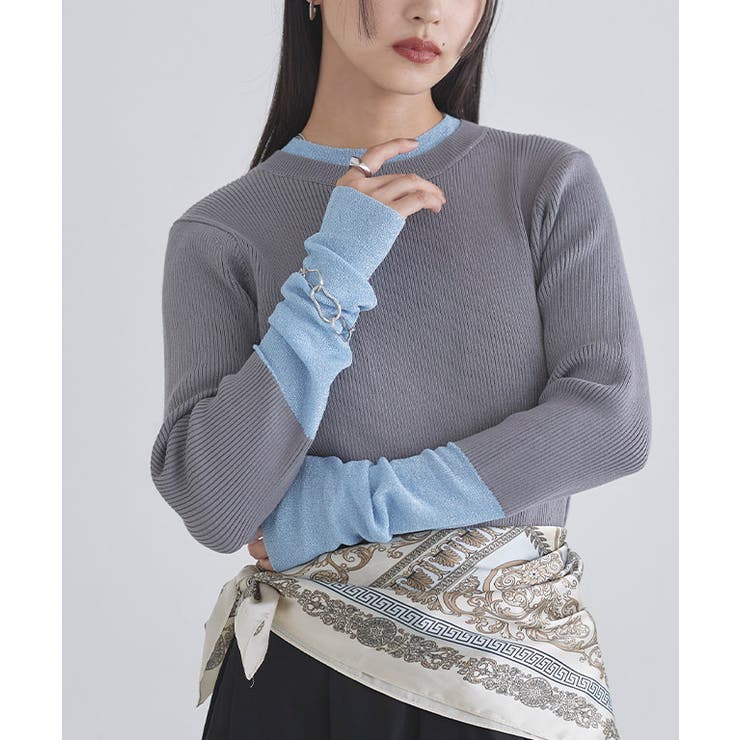 グレー×ブルーラメ | [ECLAM] ロングスリーブ配色ラメニット ニット | Pierrot