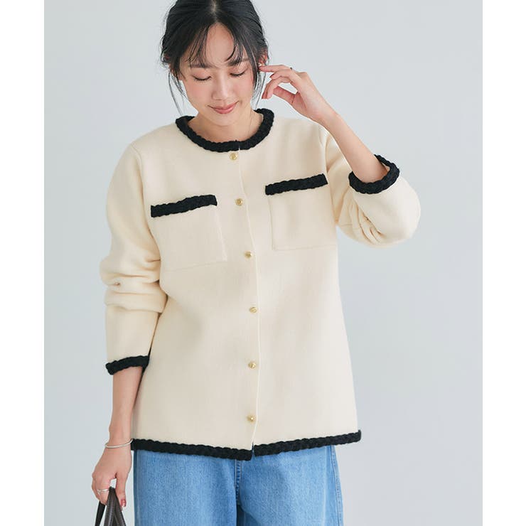 アイボリー×ブラック | ゴールドボタン配色ニットジャケット ジャケット ニット | Pierrot