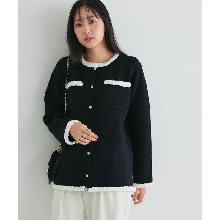 ブラック×オフホワイト | ゴールドボタン配色ニットジャケット ジャケット ニット | Pierrot