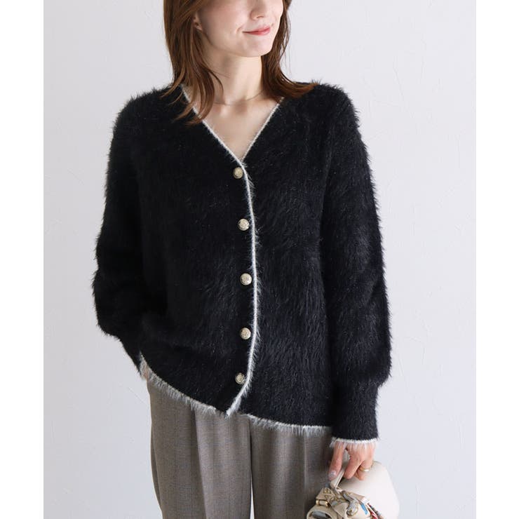 ブラック×アイボリー | ゴールドボタンシャギーニットカーディガン カーディガン ニット | Pierrot