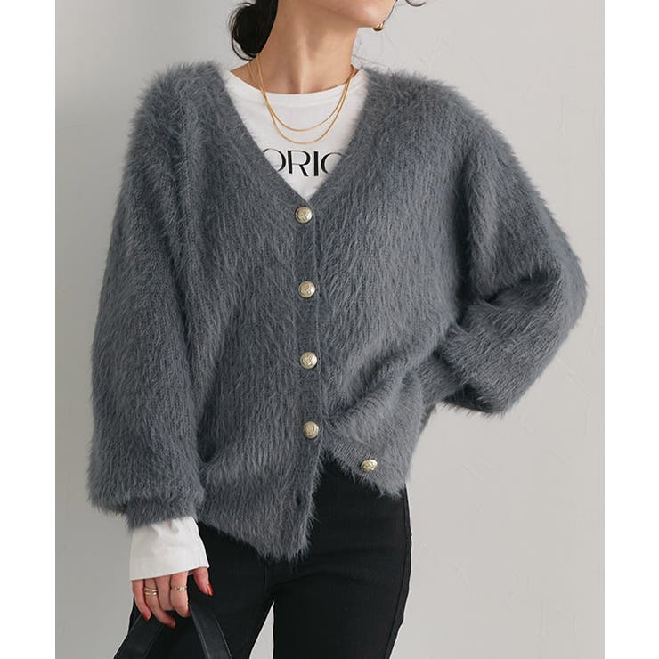 チャコール | ゴールドボタンシャギーニットカーディガン カーディガン ニット | Pierrot