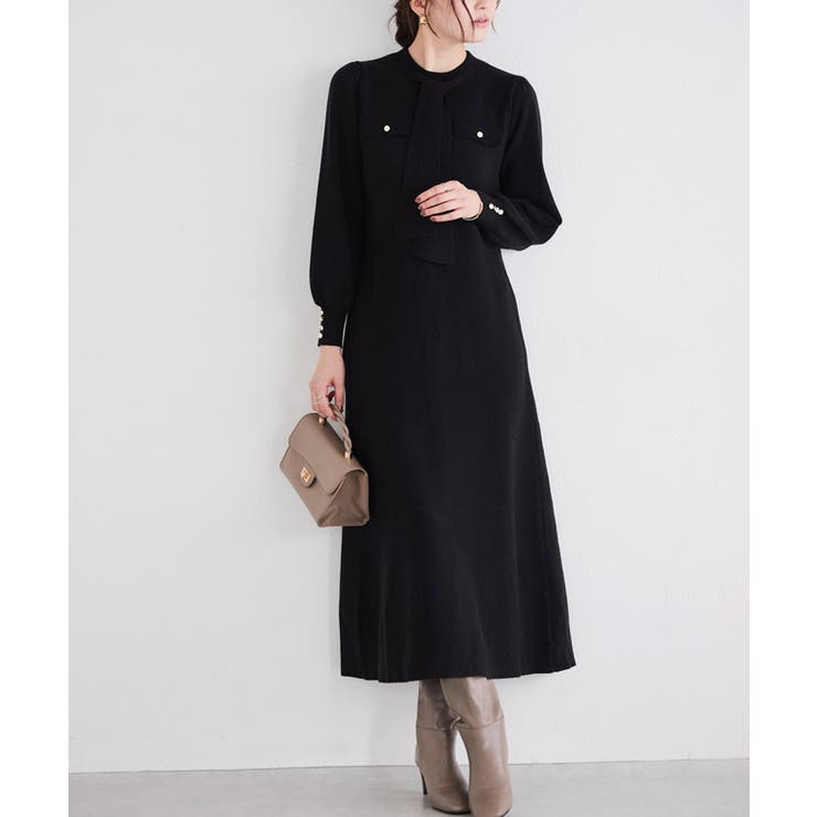 ブラック | ボウタイポケットニットワンピース ワンピース ニット | Pierrot