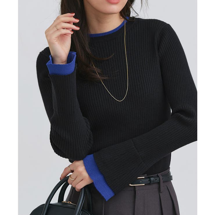 ブラック×ロイヤルブルー | バイカラーフレアスリーブリブニット ニット フレアスリーブ | Pierrot