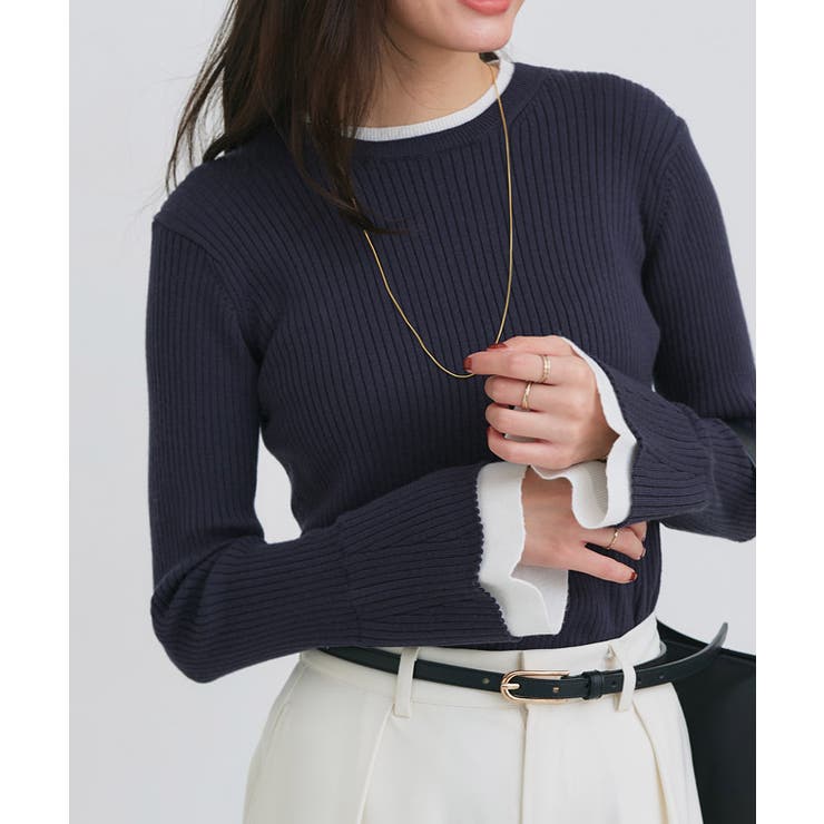 ネイビー×オフホワイト | バイカラーフレアスリーブリブニット ニット フレアスリーブ | Pierrot