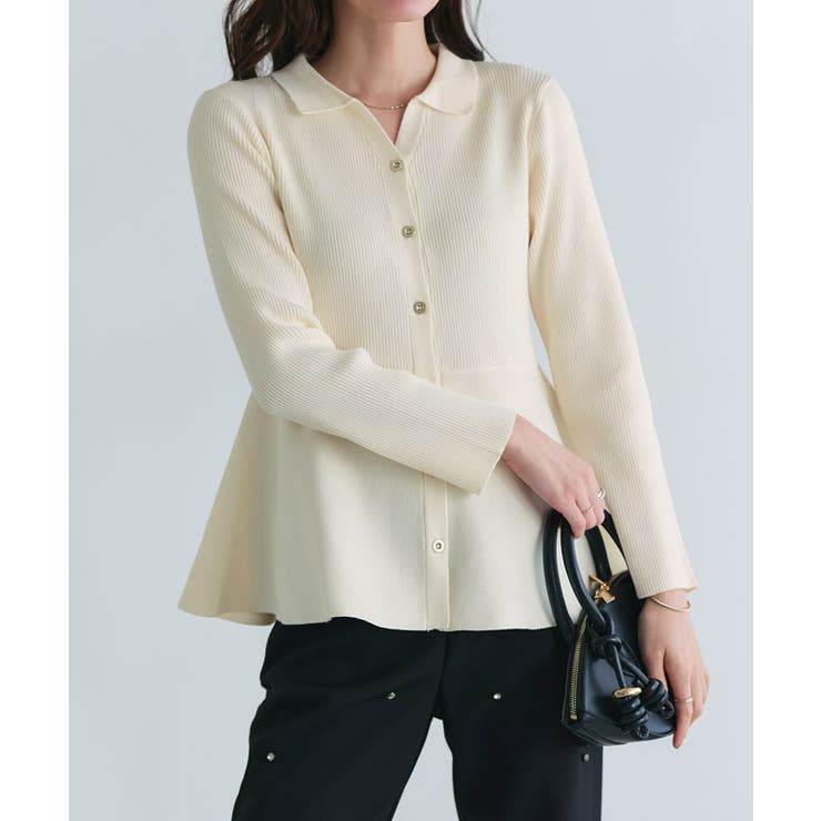 アイボリー | 襟付きＶネックぺプラムカーディガン カーディガン 襟 | Pierrot