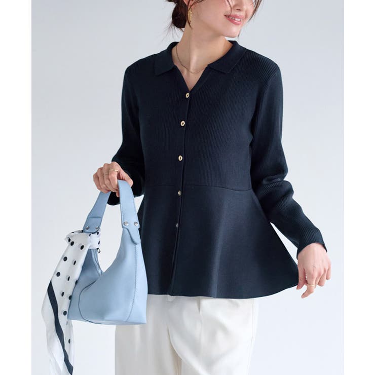 ネイビー | 襟付きＶネックぺプラムカーディガン カーディガン 襟 | Pierrot