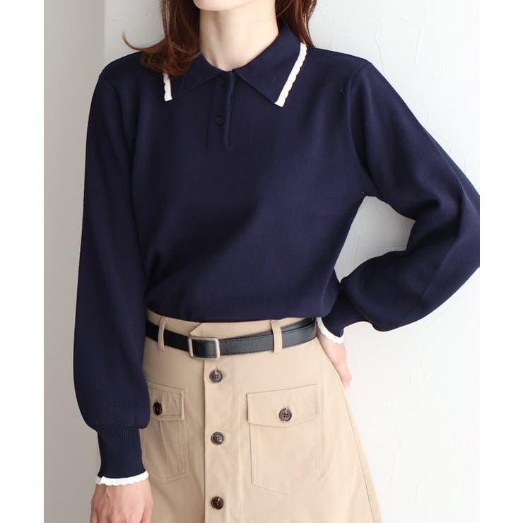 ネイビー×オフホワイト | スカラップポロニット ニット 着心地 | Pierrot