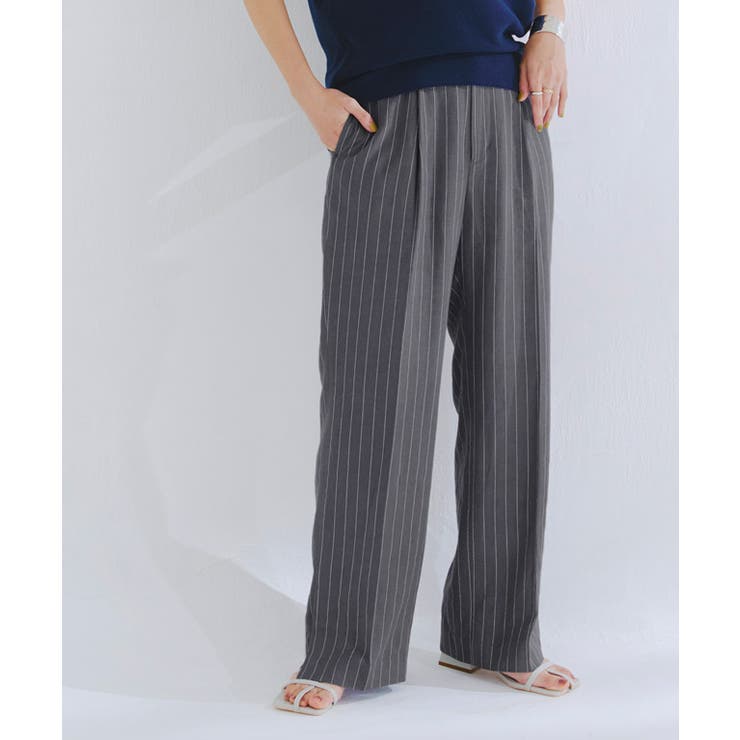 特売 リネン混ストライプストレートパンツ パンツ ストレートパンツ パンツ