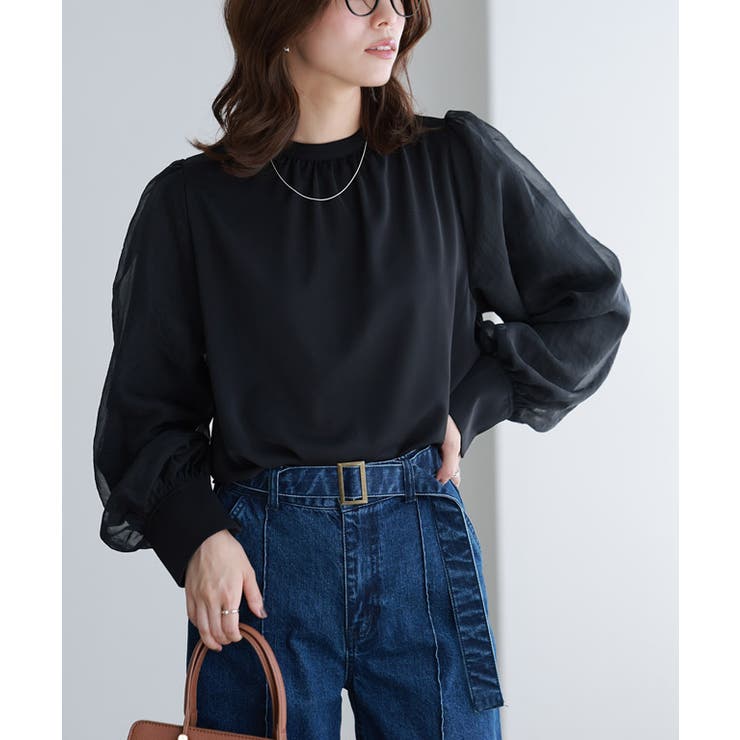 ブラック | 2wayオーガンジースリーブブラウス ブラウス 2way | Pierrot