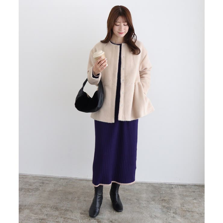 ノーカラーペプラムシャギーコート コート シャギー[品番