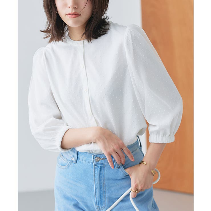 オフホワイト | フロッキードットチュールパフブラウス ブラウス ドット | Pierrot