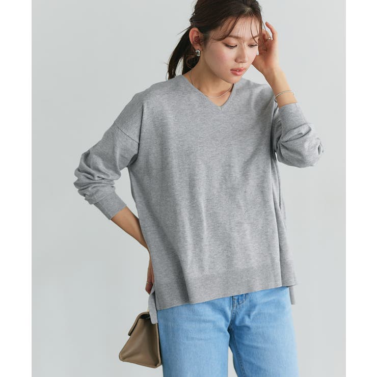 杢グレー | ネックが選べるコットンミックスオーバーニット ニット 綿混 | Pierrot